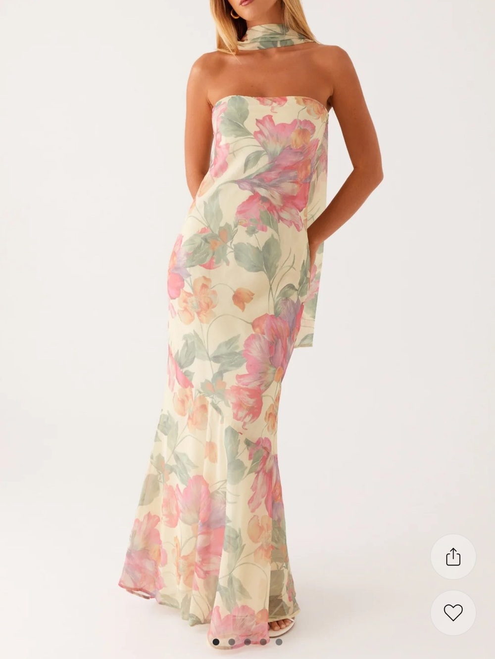 Peppermayo Strapless Floral Chiffon Gown in Pink and Green on Cream